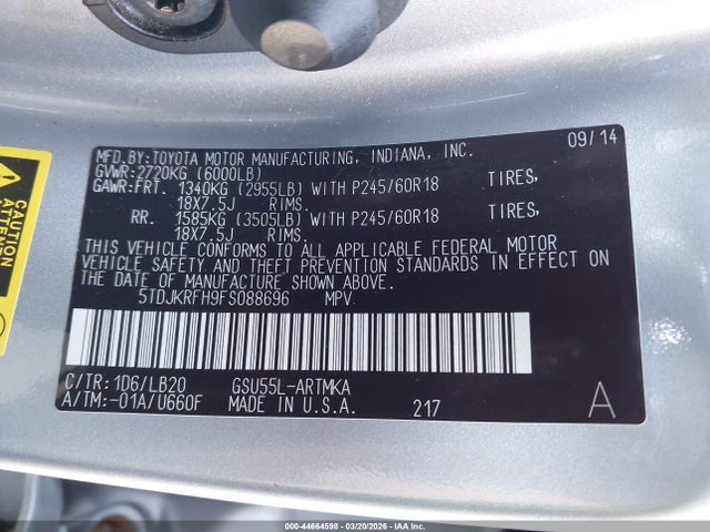 5TDJKRFH9FS088696 Toyota Highlander Xle V6