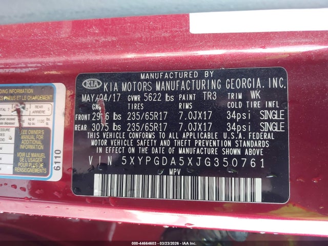 2018 Kia Sorento 3.3l Lx მანქანა იყიდება აუქციონზე, vin: 5XYPGDA5XJG350761, აუქციონის ნომერი: 44664603
