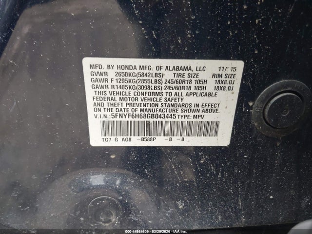 Honda Pilot Ex-l 2016 5FNYF6H68GB043445 Image 9