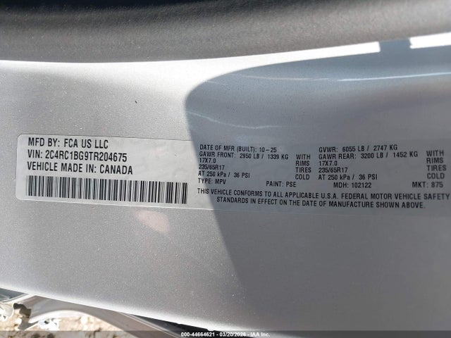 2026 Chrysler Pacifica Select მანქანა იყიდება აუქციონზე, vin: 2C4RC1BG9TR204675, აუქციონის ნომერი: 44664621