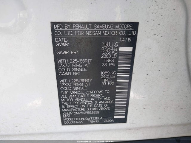 Продажа на аукционе авто 2019 Nissan Rogue Sv, vin: KNMAT2MV5KP552939, номер лота: 44664623