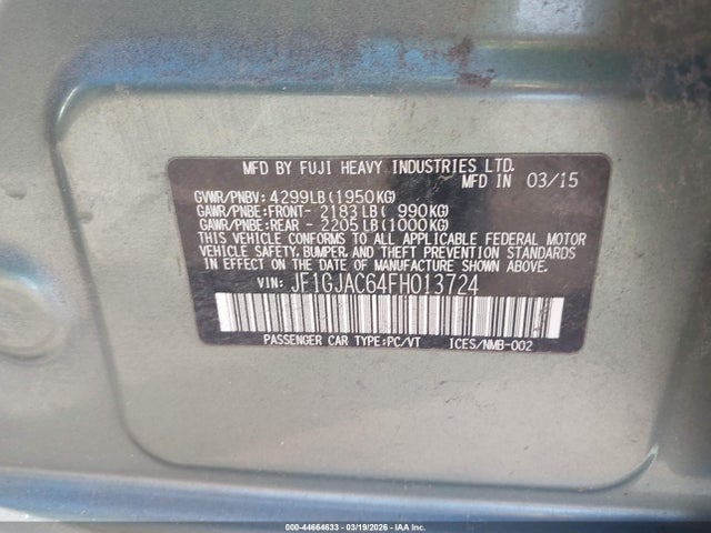 44664633 :رقم المزاد ، JF1GJAC64FH013724 vin ، 2015 Subaru Impreza 2.0i Premium مزاد بيع