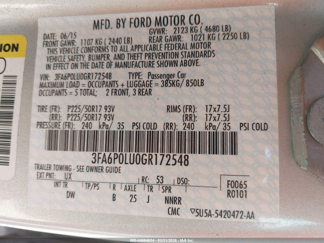 Продаж на аукціоні авто 2016 Ford Fusion Hybrid Se, vin: 3FA6P0LU0GR172548, номер лоту: 44664634