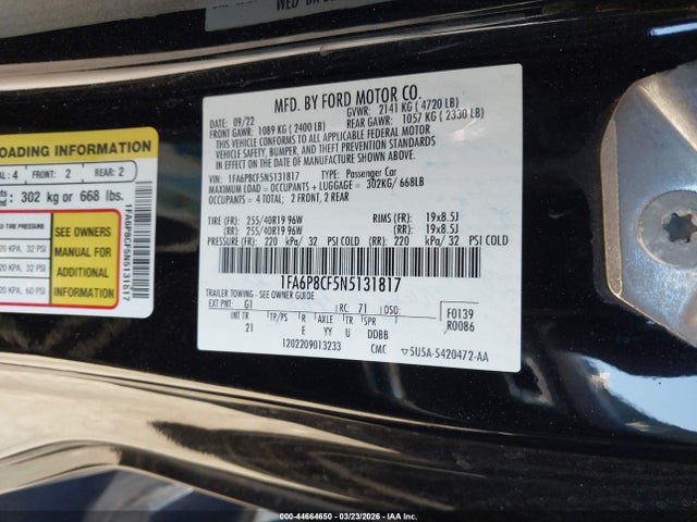 Продажа на аукционе авто 2022 Ford Mustang Gt Fastback, vin: 1FA6P8CF5N5131817, номер лота: 44664650