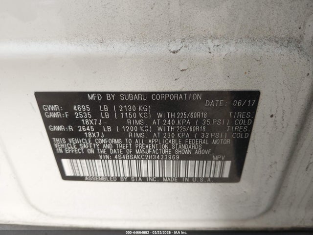 Aukcja sprzedaży 2017 Subaru Outback 2.5i Limited, vin: 4S4BSAKC2H3433969, numer aukcji: 44664652