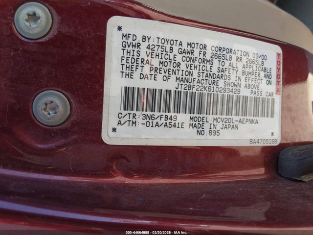 2001 TOYOTA CAMRY JT2BF22K610293429 Photo 8
