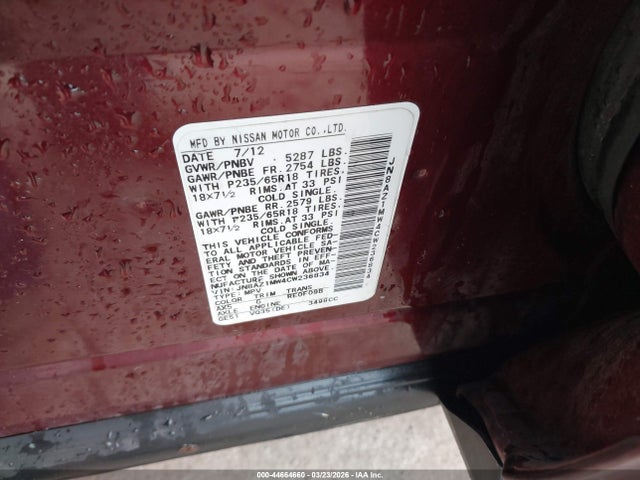 2012 Nissan Murano Sl მანქანა იყიდება აუქციონზე, vin: JN8AZ1MW4CW236834, აუქციონის ნომერი: 44664660