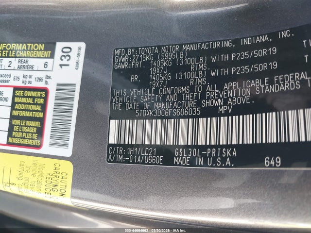5TDXK3DC6FS606035 Toyota Sienna Se Premium 8 Passenger