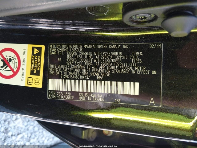 44664667 :رقم المزاد ، 2T2BK1BA4BC104137 vin ، 2011 Lexus Rx 350 مزاد بيع