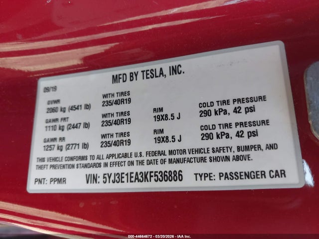 2019 TESLA MODEL 3 5YJ3E1EA3KF536886 Photo 8