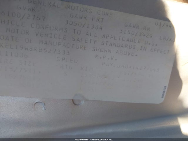 44664701 :رقم المزاد ، 1GKEL19W8RB527333 vin ، 1994 Gmc Safari Xt مزاد بيع