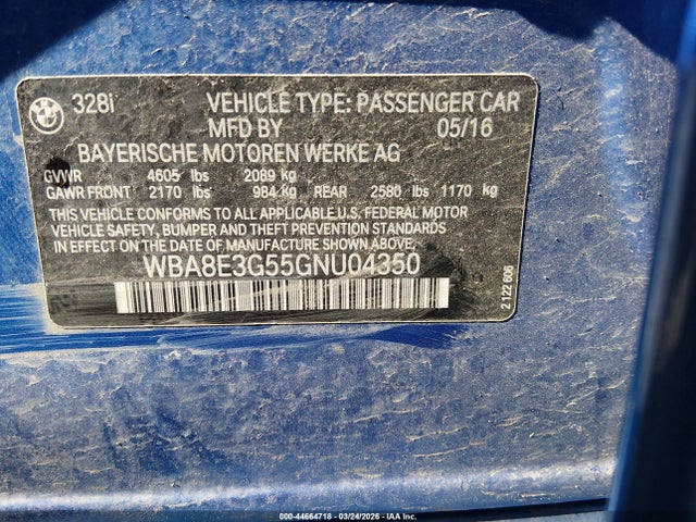 44664718 :رقم المزاد ، WBA8E3G55GNU04350 vin ، 2016 Bmw 328i Xdrive مزاد بيع