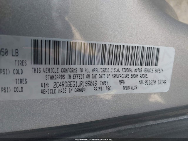 44664722 :رقم المزاد ، 2C4RDGEG1JR196046 vin ، 2018 Dodge Grand Caravan Gt مزاد بيع