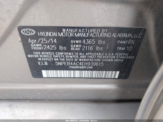 5NPEB4AC4EH939615 Hyundai SONATA GLS