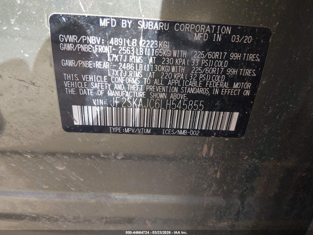 44664724 :رقم المزاد ، JF2SKAJC6LH545855 vin ، 2020 Subaru Forester Premium مزاد بيع