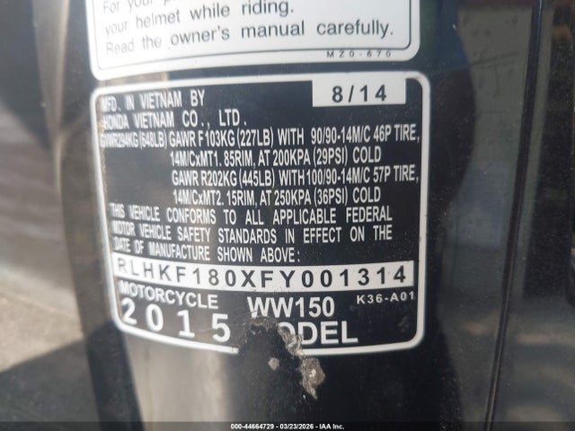 Продаж на аукціоні авто 2015 Honda Pcx 150, vin: RLHKF180XFY001314, номер лоту: 44664729