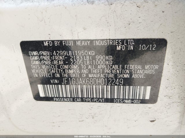 2013 Subaru Impreza 2.0i Limited მანქანა იყიდება აუქციონზე, vin: JF1GJAK68DH012249, აუქციონის ნომერი: 44664733