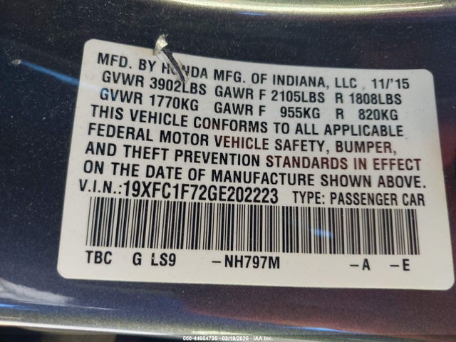 Honda Civic Ex-l 2016 19XFC1F72GE202223 Image 9