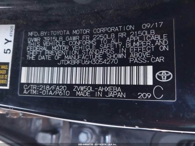 JTDKBRFU6H3054270 Toyota Prius Two
