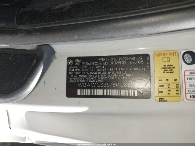 Aukcja sprzedaży 2008 Bmw 328xi, vin: WBAWC33578PU83111, numer aukcji: 44664750