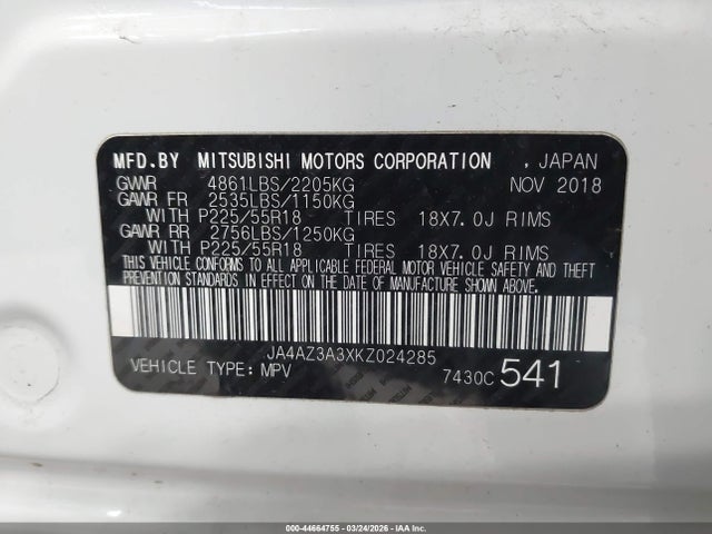 44664755 :رقم المزاد ، JA4AZ3A3XKZ024285 vin ، 2019 Mitsubishi Outlander Sel مزاد بيع