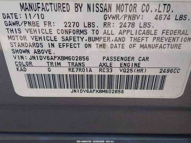 Продажа на аукционе авто 2011 Infiniti G25 Journey, vin: JN1DV6APXBM602856, номер лота: 44664759