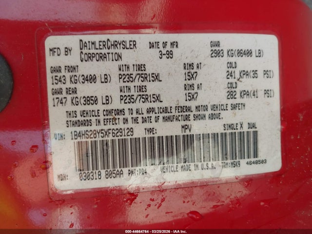 44664764 :رقم المزاد ، 1B4HS28Y5XF629129 vin ، 1999 Dodge Durango مزاد بيع