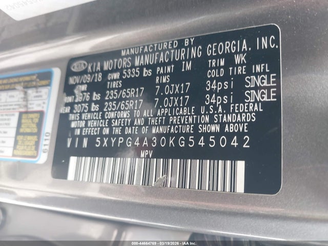Aukcja sprzedaży 2019 Kia Sorento 2.4l Lx, vin: 5XYPG4A30KG545042, numer aukcji: 44664769