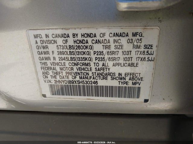 44664776 :رقم المزاد ، 2HNYD189X5H530246 vin ، 2005 Acura Mdx مزاد بيع