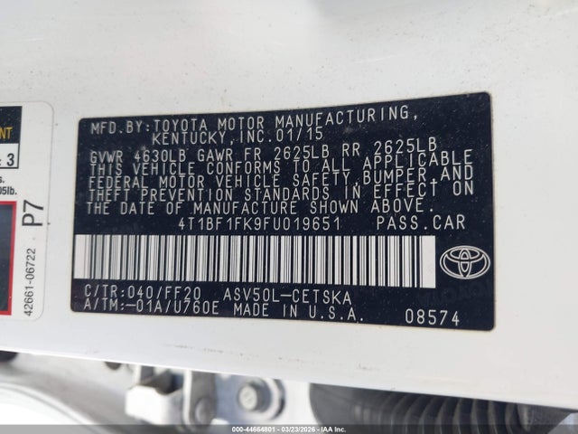 Aukcja sprzedaży 2015 Toyota Camry Se, vin: 4T1BF1FK9FU019651, numer aukcji: 44664801