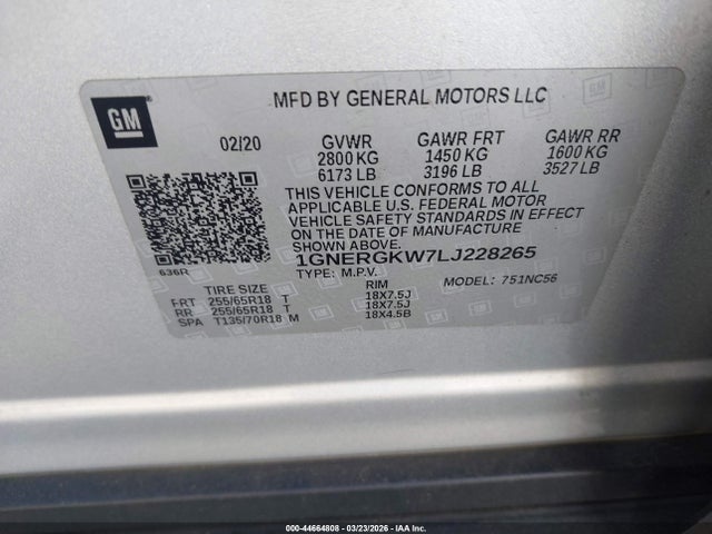 1GNERGKW7LJ228265 Chevrolet Traverse Fwd Lt Cloth