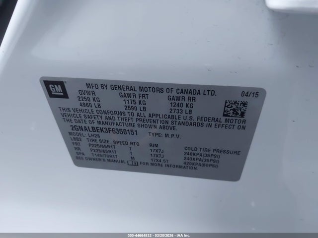 Chevrolet EQUINOX 1LT 2015 2GNALBEK3F6350151 Image 9