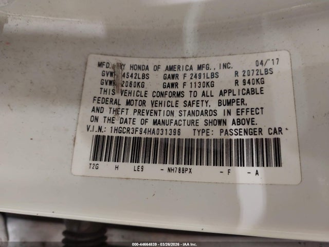 Продаж на аукціоні авто 2017 Honda Accord Touring V6, vin: 1HGCR3F94HA031396, номер лоту: 44664839