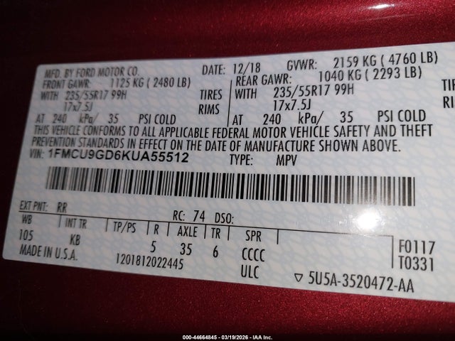 1FMCU9GD6KUA55512 Ford ESCAPE SE
