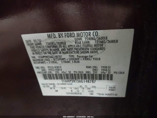 Продаж на аукціоні авто 2010 Ford Taurus Sho, vin: 1FAHP2KT3AG148787, номер лоту: 44664847