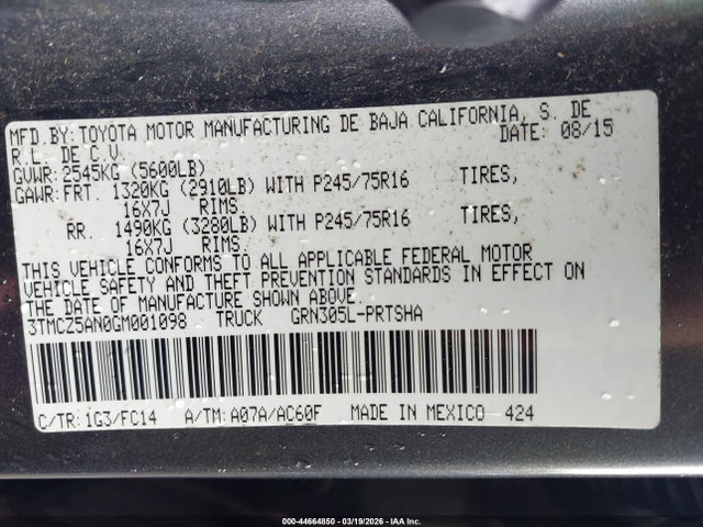 3TMCZ5AN0GM001098 Toyota Tacoma Sr V6