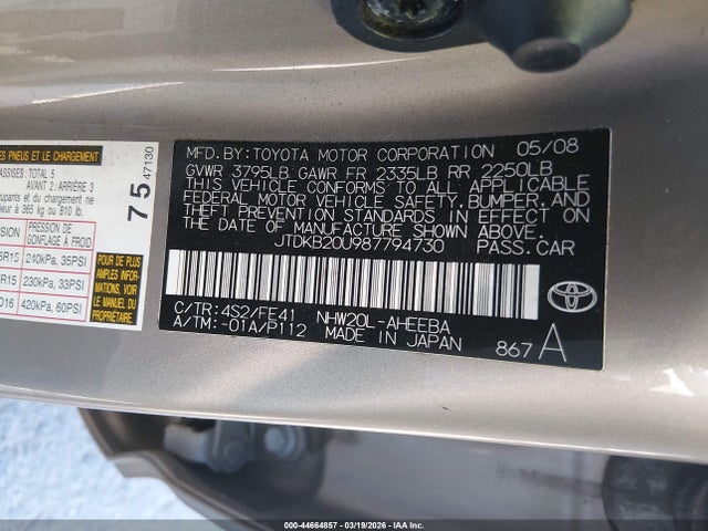 Продажа на аукционе авто 2008 Toyota Prius, vin: JTDKB20U987794730, номер лота: 44664857