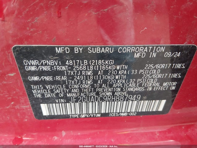 44664877 :رقم المزاد ، JF2GUADC9RH887949 vin ، 2024 Subaru Crosstrek Premium مزاد بيع