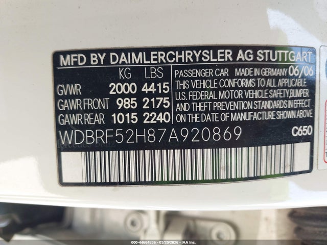 2007 Mercedes-benz C 230 Sport მანქანა იყიდება აუქციონზე, vin: WDBRF52H87A920869, აუქციონის ნომერი: 44664896