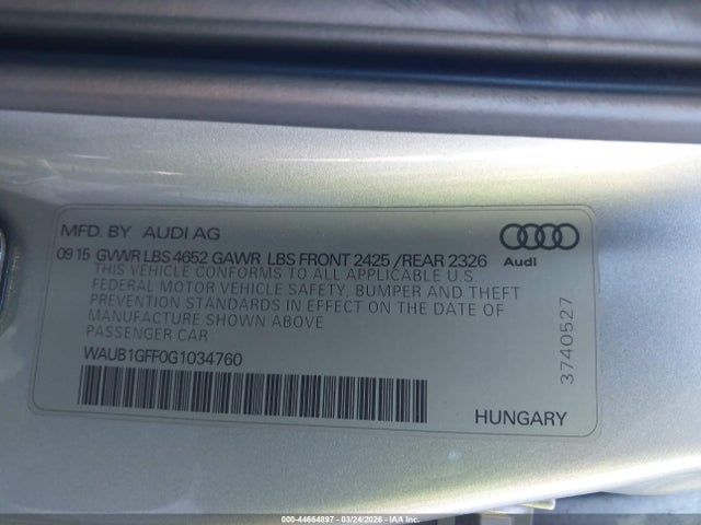 44664897 :رقم المزاد ، WAUB1GFF0G1034760 vin ، 2016 Audi S3 2.0t Premium Plus مزاد بيع