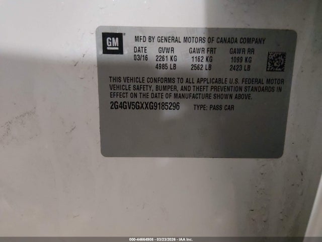 2016 Buick Regal Turbo Gs მანქანა იყიდება აუქციონზე, vin: 2G4GV5GXXG9185296, აუქციონის ნომერი: 44664908