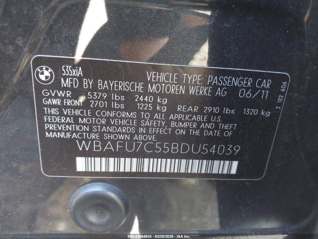 44664934 :رقم المزاد ، WBAFU7C55BDU54039 vin ، 2011 Bmw 535i Xdrive مزاد بيع