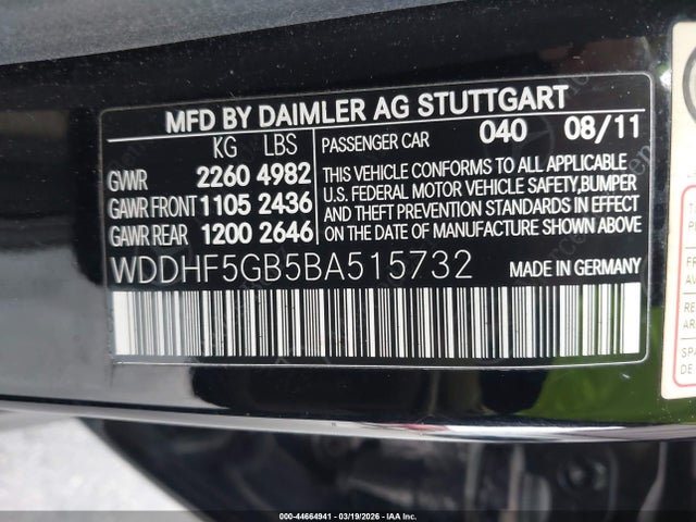 2011 Mercedes-benz E 350 მანქანა იყიდება აუქციონზე, vin: WDDHF5GB5BA515732, აუქციონის ნომერი: 44664941