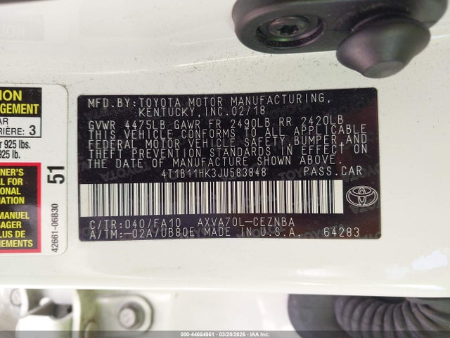 4T1B11HK3JU583848 Toyota CAMRY LE