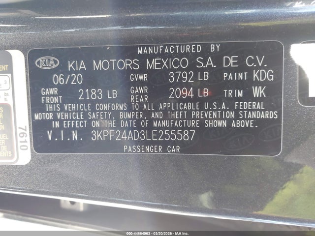 3KPF24AD3LE255587 KIA Forte Lxs