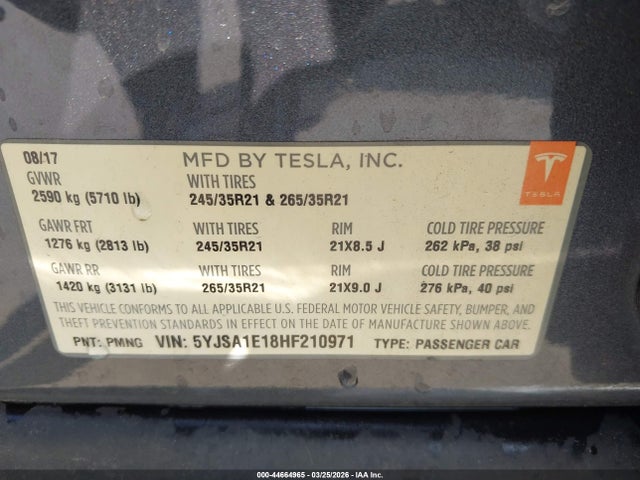 Продаж на аукціоні авто 2017 Tesla Model S 60/75, vin: 5YJSA1E18HF210971, номер лоту: 44664965