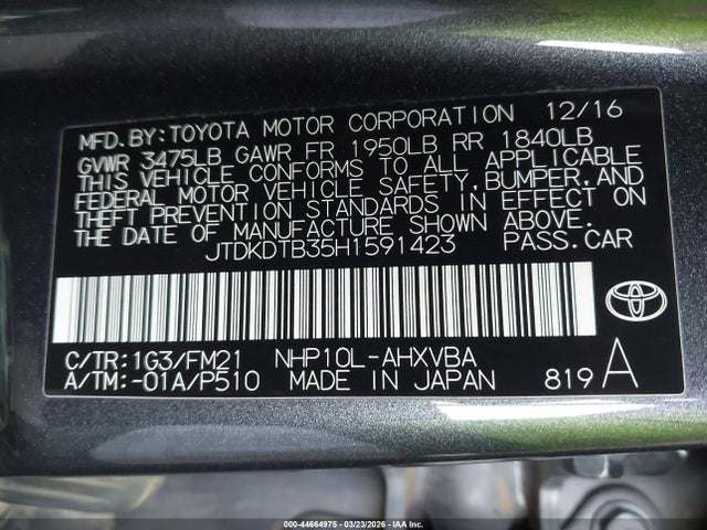 JTDKDTB35H1591423 Toyota Prius C Two