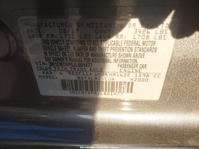 3N1CN7AP8JL801477 Nissan Versa 1.6 Sv