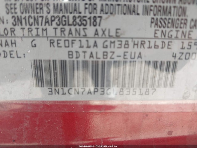 3N1CN7AP3GL835187 Nissan Versa 1.6 S/1.6 S+/1.6 Sl/1.6 Sv