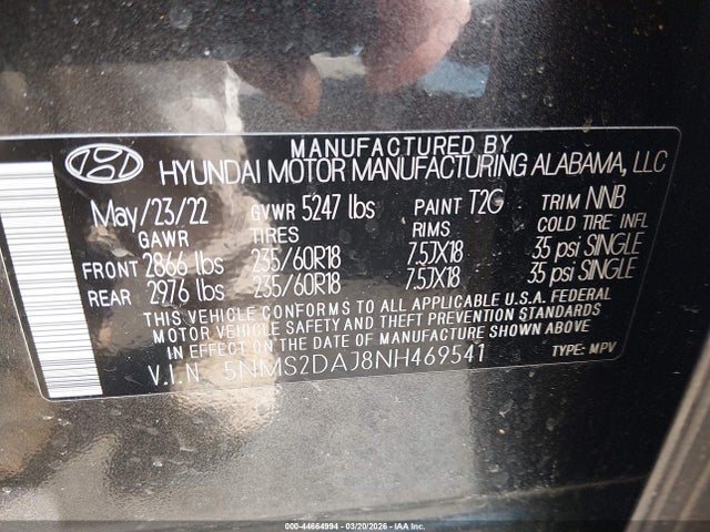 Aukcja sprzedaży 2022 Hyundai Santa Fe Sel, vin: 5NMS2DAJ8NH469541, numer aukcji: 44664994